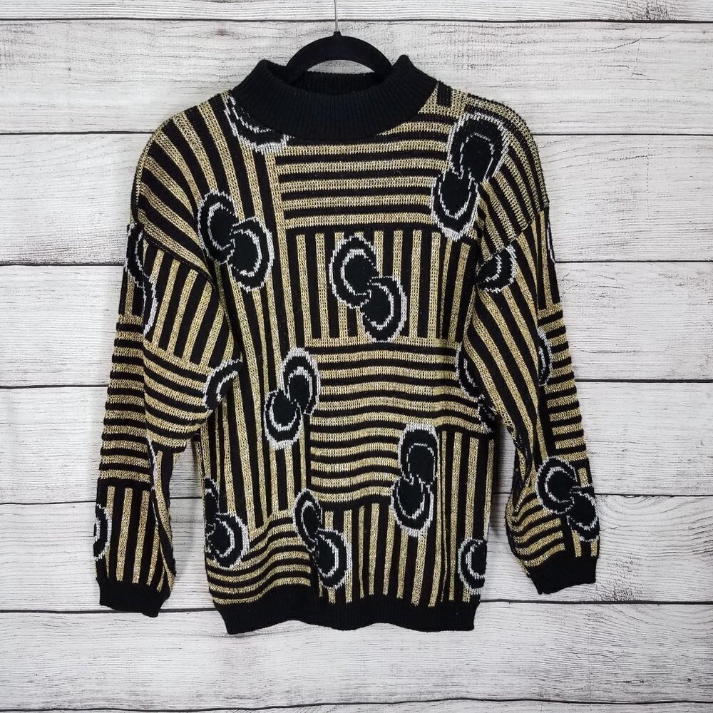 Vintage Kate Collins S/M Sweater Pullover Lurex Holiday Metallic Black Gold USA